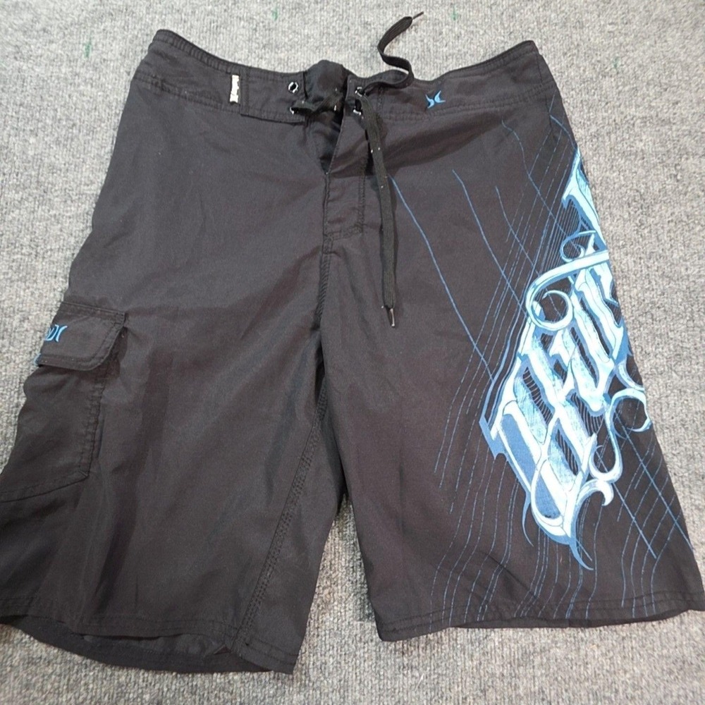 Hurley Board Shorts Mens Medium Black Blue Surf Swim Quick Dry Pocket Logo